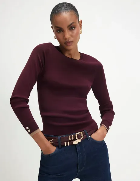 River Island Ribbed Button Detail Knitted Top Burgundy