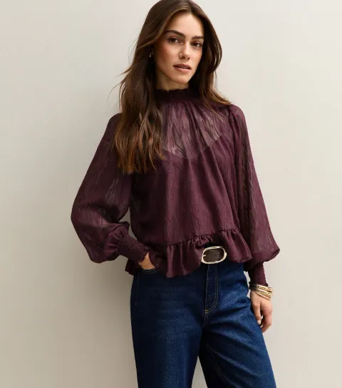 Women's Petite Dark Burgundy Burnout Chiffon High Neck Blouse