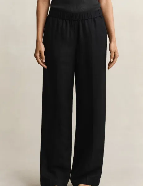 Linen Blend Wide Leg Trousers Black