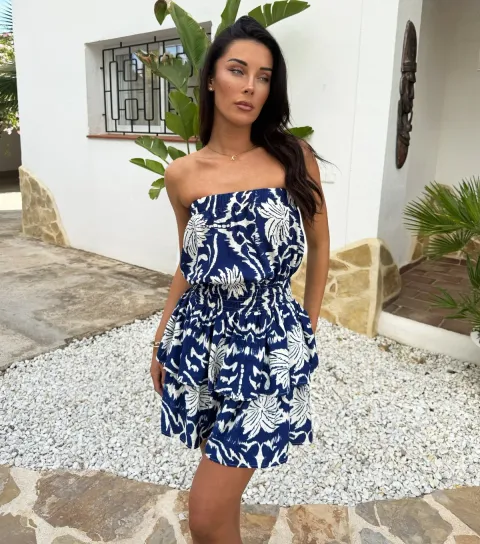 Women's Blue Palm Tree Print Strapless Mini Dress