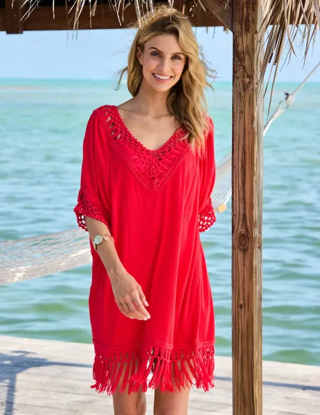 SOSANDAR Macrame Fringe Detail V-Neck Kaftan Dress Pink