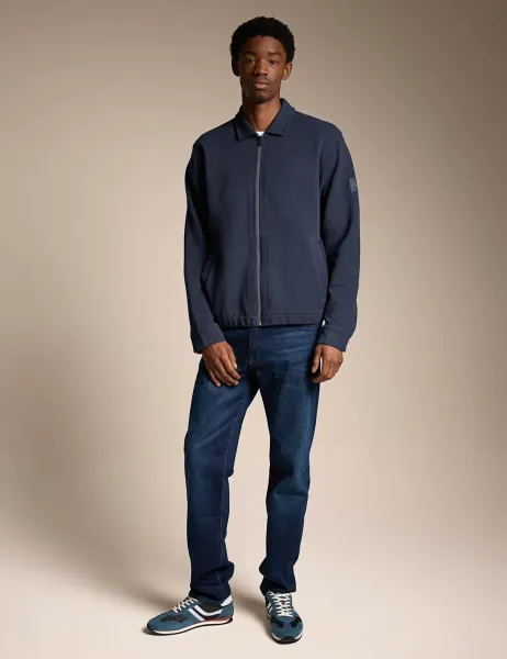 Boss Cotton Rich Collared Zip Up Short Jacket Navy