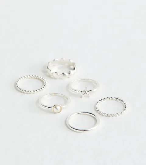Pack of 6 Silver Tone Pearl and Starfish Sleek Rings
