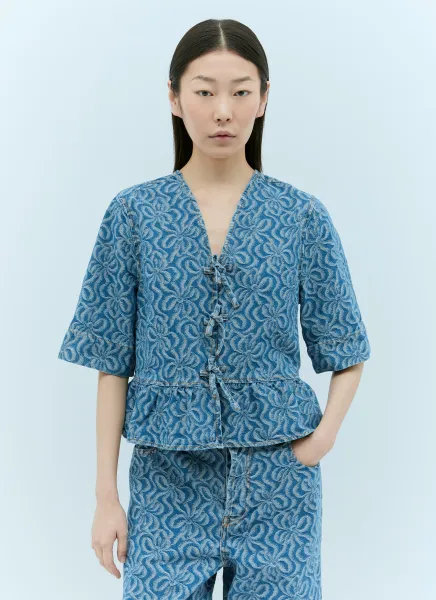Jacquard Denim Flounce Tie Blouse