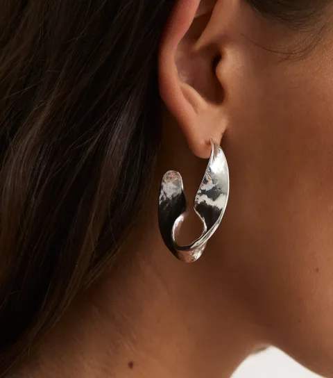 New Look Silver Tone Large Chunky Hammered Wavy Hoop Earrings