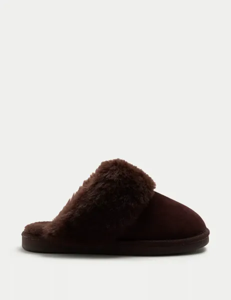 Marks & Spencer Suede Faux Fur Trim Mule Slippers Chocolate