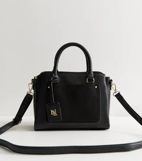 Black Faux Leather Triple Compartment Tote Bag Vegan