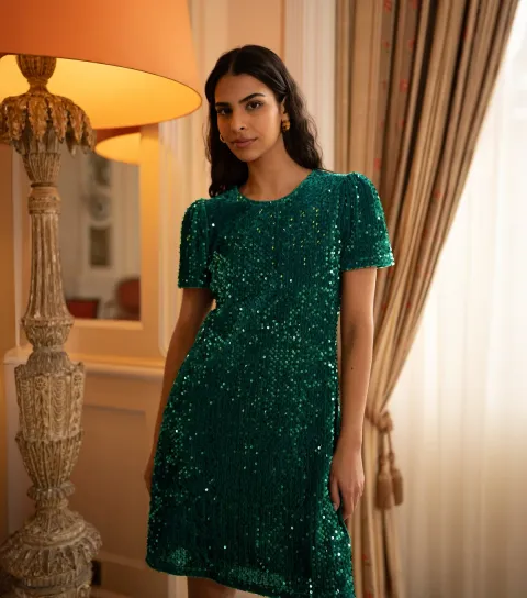 Women's Green Sequin Shift Dress