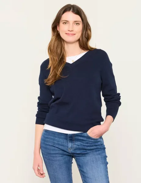 FatFace Cotton Blend V-Neck Longline Jumper Navy