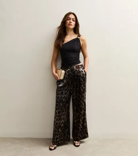 Women's Petite Silver Animal Print Wide Leg Trousers