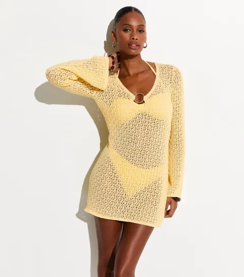 Women's Light Yellow O-Ring Crochet Beach Kaftan Dress