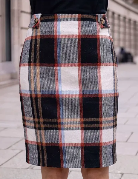 Roman Button Tab Brushed Check Skirt Black Mix
