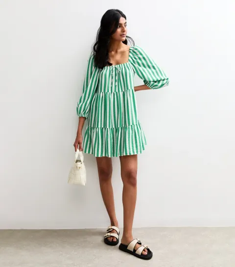 Women's Green Striped Tiered Smock Mini Dress