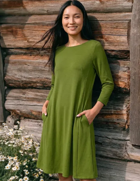 Roman Asymmetric Neck Knee Length Swing Dress Khaki Mix
