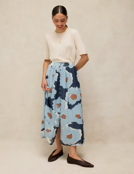 White Stuff Floral Button Front Maxi Skirt Blue Mix