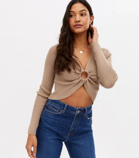 Women's Camel Ribbed Ruched Circle Crop Top