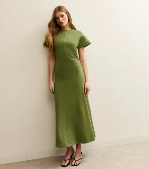 New Look Women's Dark Khaki Shirred Side Jersey Midi Dress