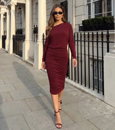 AX Paris Women's Dark Red Ruched Off the Shoulder Midi Dress