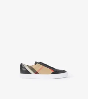 Check and Leather Sneakers in Black