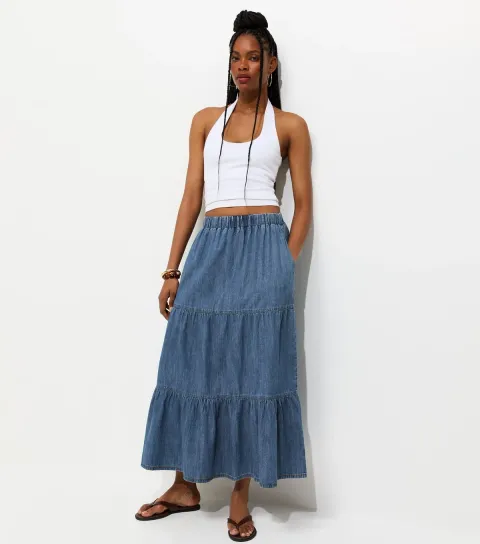 Women's Blue Tiered Midi Skirt