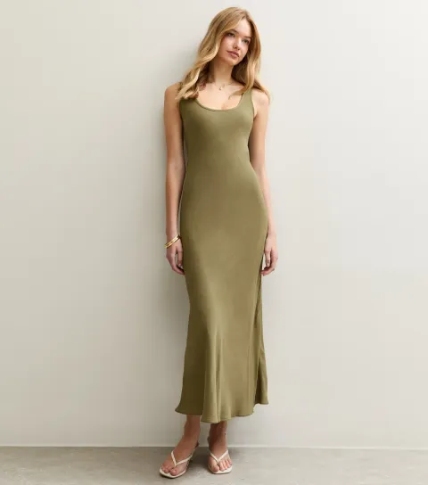 Women's Khaki Scoop Neck Midaxi Dress with Linen