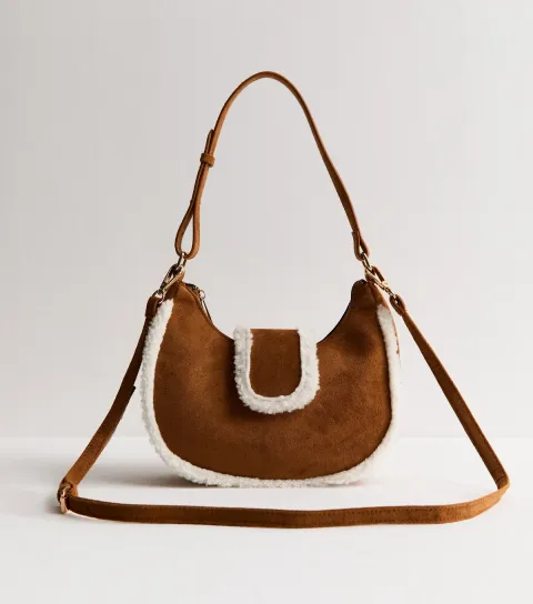 Tan Faux Suede Borg Trimmed Shoulder Bag