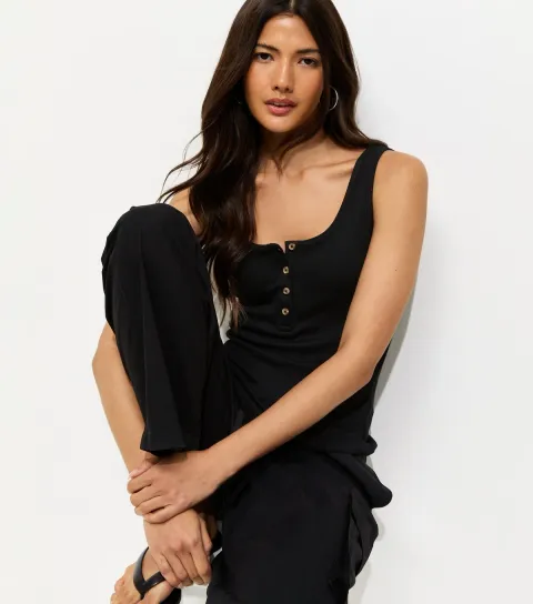 Women's Black Henley Button Front Vest Top