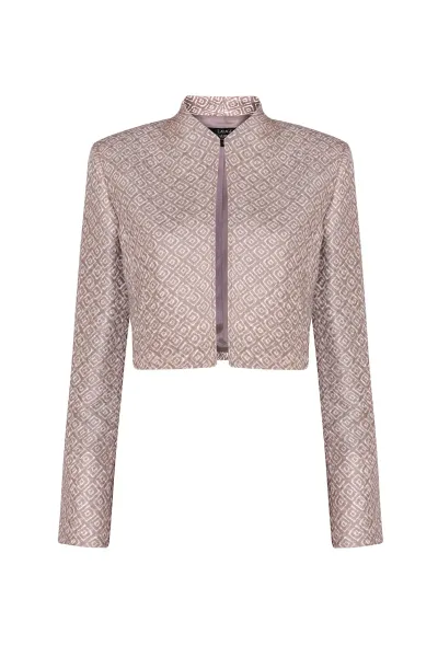 Silk/Wool Matelassé Short Jacket in Taupe/Ivory Diamond Print - Hermione