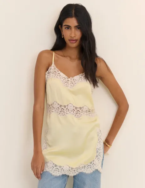 Nobody's Child Satin V-Neck Lace Detail Longline Cami Top Cream