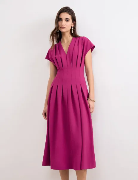 Phase Eight V-Neck Pleated Midi Skater Dress Fuchsia