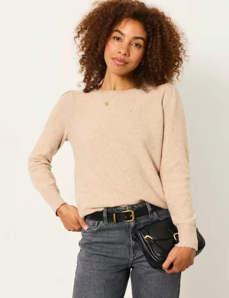 FatFace Cotton Blend Sparkly Crew Neck Jumper Natural