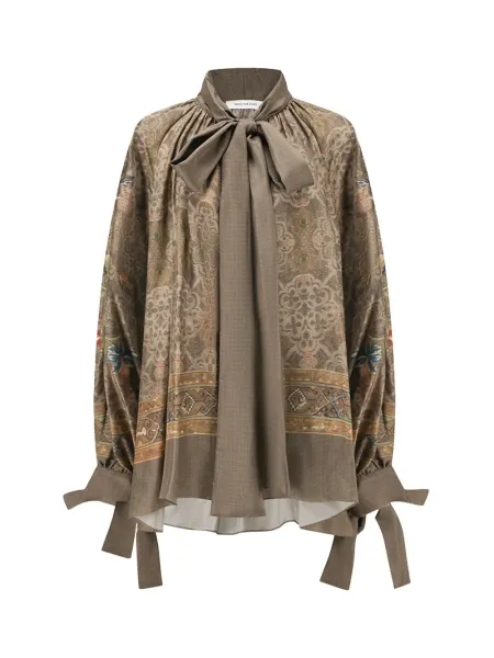 Women Moss Green Printed Silk Tie-Front Shirt