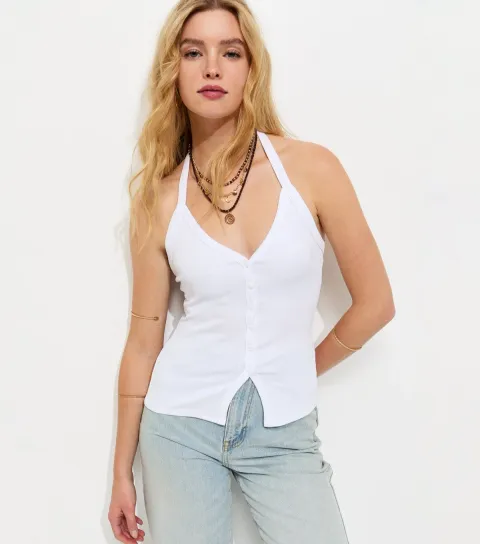 Women's White Button Through Halter Neck Cami Top