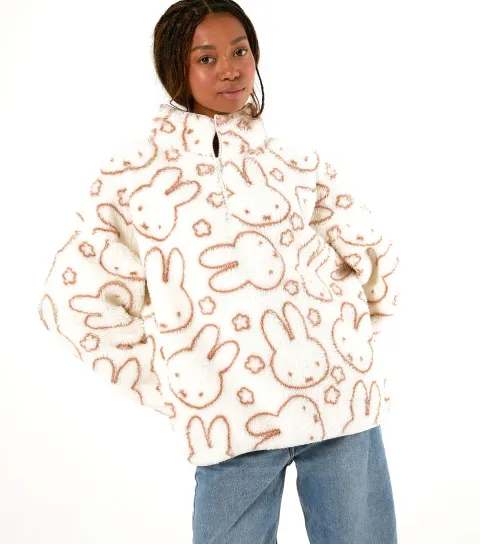 Skinnydip Women's White Fleece Miffy Flower Zip Neck Jumper