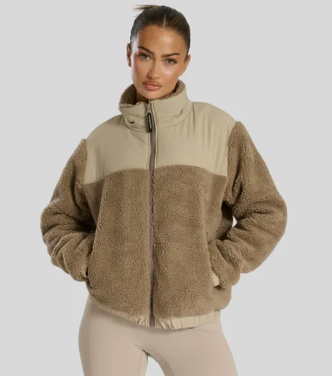 Women's Brown Panelled Borg Jacket