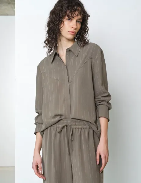 French Connection Pinstripe Collared Yoke Detail Shirt Khaki Mix