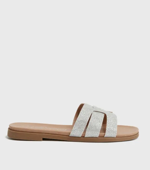 Women's Wide Fit Silver Metallic Footbed Sliders Vegan