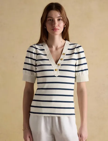 Joules Cotton Rich Ribbed Striped V-Neck Top Navy Mix