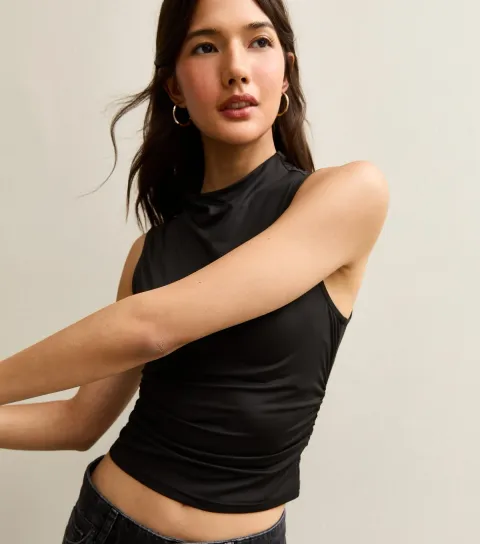 Women's Black Slinky Jersey Grown On Neck Tank Top