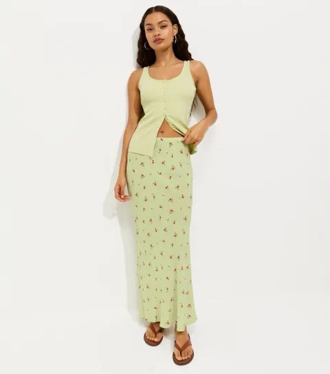 Women's Petite Green Ditsy Floral Print Bias Cut Midi Skirt
