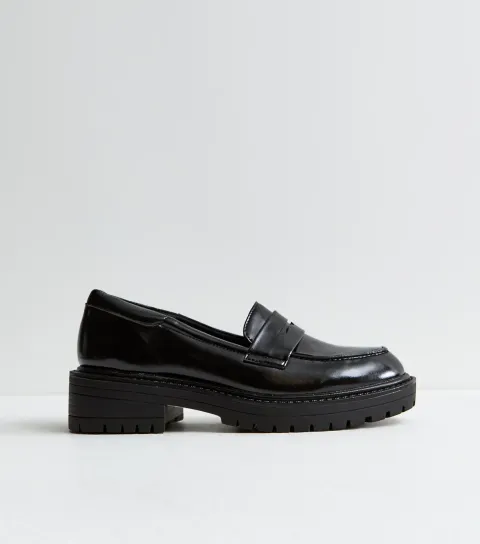 Women's Black Shiny Faux Leather Chunky Loafers Vegan