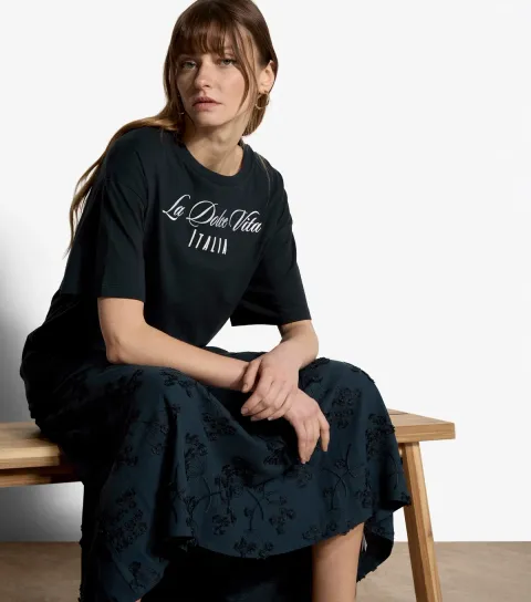 Women's Navy Cotton Embroidered La Dolce Vita T-Shirt