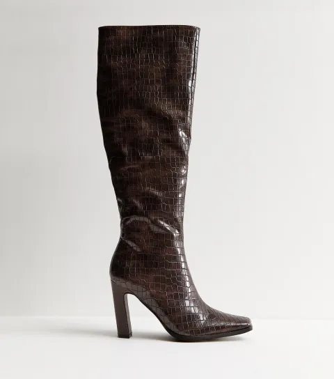 Women's Brown Acquilla Faux Croc Knee High Boots