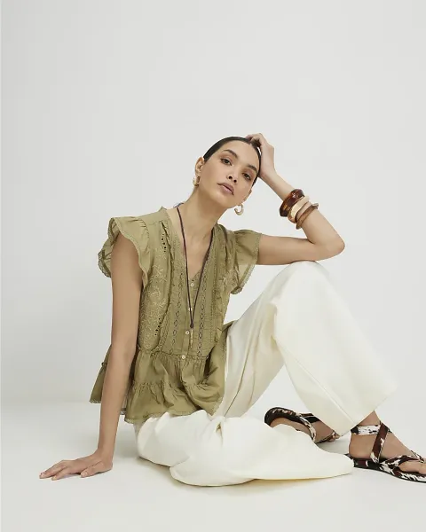 River Island Cotton Blend Beaded Ruffle Smock Blouse
