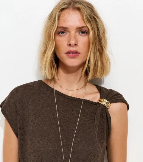 Women's Brown Embellished Shoulder Top