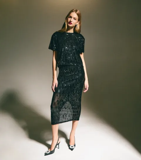 New Look Women's Black Sequinned Mesh Midi Skirt