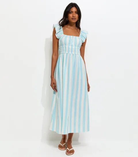 Women's Blue Striped Shirred Waist Frill Sleeve Midi Dress