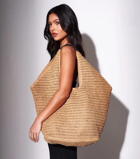 Camel Woven Oversized Shoulder Bag