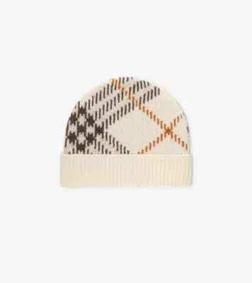 Check Cashmere Blend Beanie in Pebble white