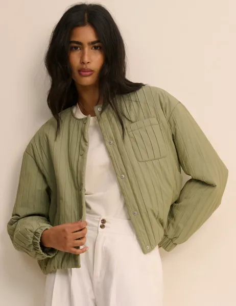 Nobody's Child Quilted Collarless Bomber Jacket Green